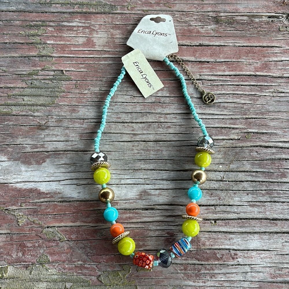 NWT ERICA LYONS Millefiori Glass Beaded Colorful Necklace